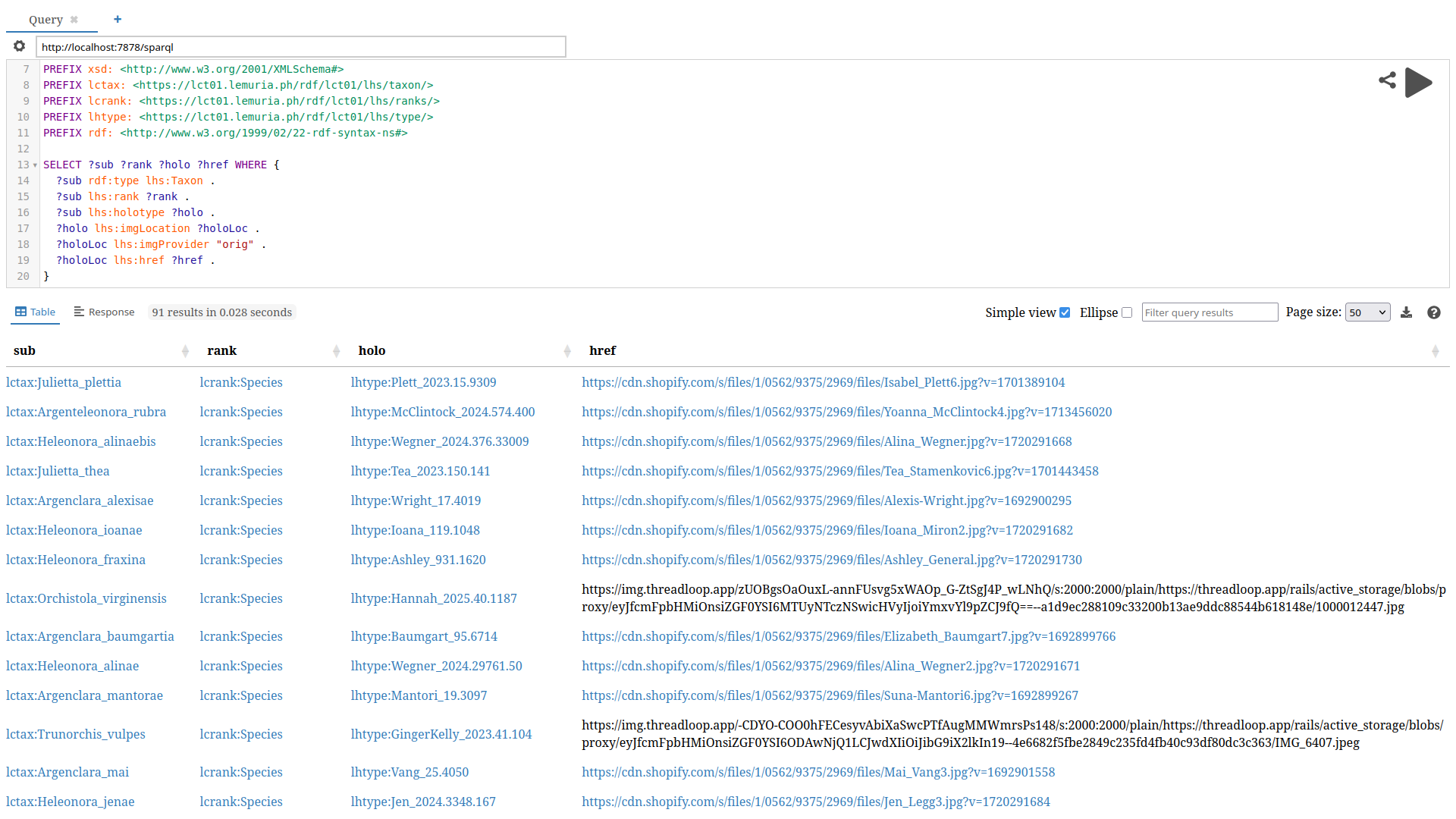 An interface that shows LCT-01 triplestore data in a quick Oxigraph window